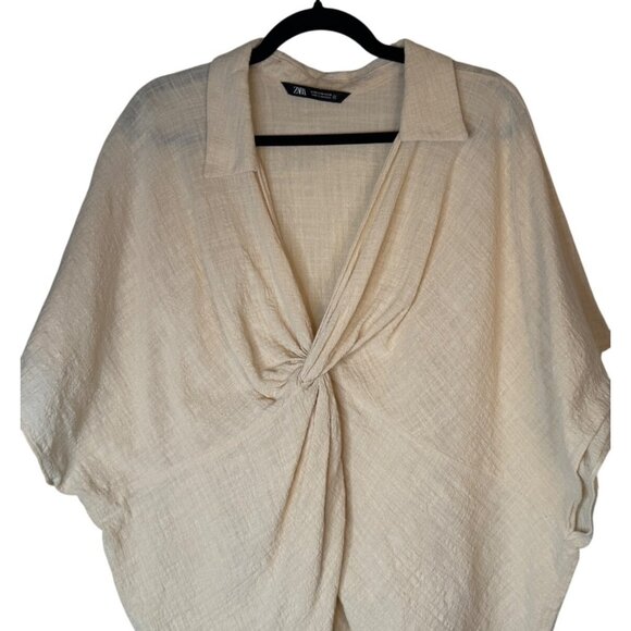 2/$30 ZARA Medium Beige Textured Knot Front Blouse Dolman Sleeves - Picture 4 of 14